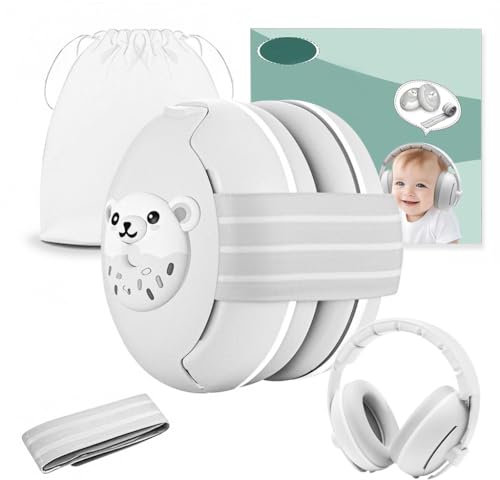 Robofun 2-in-1 Gehörschutz Baby Kopfhörer, Neugeboren Ohrenschützer mit Geräuschunterdrückung & Verstellbares Kopfband, Baby Kopfhörer Lärmschutz für Babys bis 48 Monate -Weiß