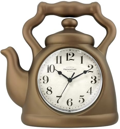 Presentime & Co. 11 Teapot Clock, Silent Non Ticking, Modern Farmhouse Style, Wall & Mantel 2 in 1 Desk & Shelf Clock, Bronze Finish for Wall, Home, and Tabletop Decor, Bronze Finish