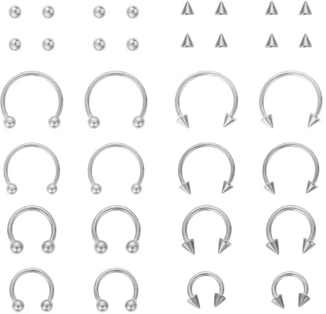 Yolev 16PCS Stainless Steel Nose Ring Septum Piercing Jewellery Horseshoe Piercing Jewelry Captive Bead Ring Helix Tragus Cartilage Earrings for Women Men(silver)