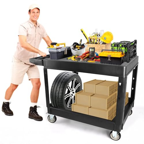 Kalolary 2 Tier Extra 600lbs Heavy Duty Utility Cart on Wheels | Black Capacity Rolling Trolley Cart Multi-Purpose Large Service Cart with Handle for Warehouse, Supermarket, Garage