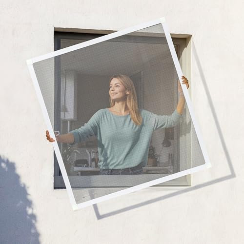 Jalousiescout Protectline Zanzariera per Finestre, Telaio in Alluminio, Rete in Fibra di Vetro, Facile Installazione, Regolabile, Protezione contro le Zanzare, 130 x 150 cm, Bianco