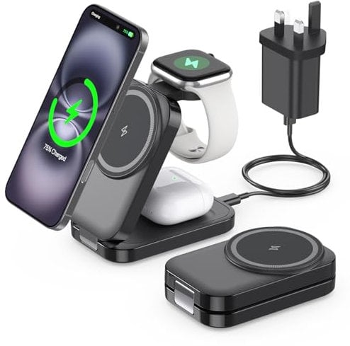 3 in 1 Wireless Charging Station for Apple,Foldable Magnetic Wireless Charger,15W Fast for MagSafe Charger Stand for iPhone 16/15/14/13,for Apple Watch,for AirPods