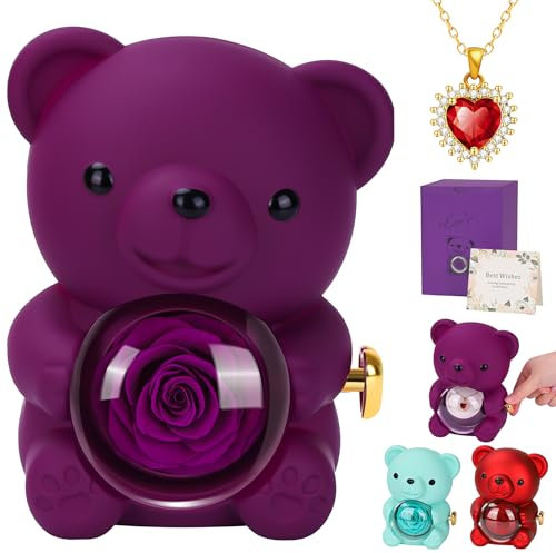 MestectPET Rosa Eterna con Collana a Cuore, Scatola di Rose Conservate Festa della Mamma San Valentino Anniversario di Matrimonio Compleanno Regali di Natale per Mamma Fidanzata Donne (Viola)