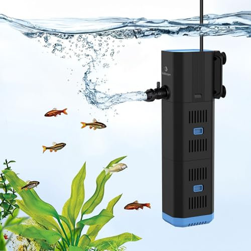 fishkeeper Aquarium Filter, Adjustable 500L/H Aquarium innenfilter für 30L-120L Aquarien, 4-in-1 Aquarium Pumpe mit Filter, Sauerstoff, Wavemaker, Filterschwamm