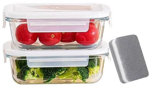 Habwah Lot de 2 boîtes alimentaires en verre avec couvercles, boîtes à déjeuner réutilisables, résistantes à la chaleur et au froid, passent au micro-ondes, au four et au lave-vaisselle (680 ml)