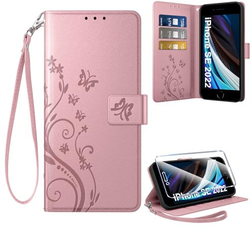 Coiwxmoi Cover per iPhone SE 2022/SE 2020 + 1 Vetro Temperato, Retro Design Premium in Pelle PU Portafoglio Custodia Slot per Schede Flip Cover per iPhone SE 2022, Oro Rosa