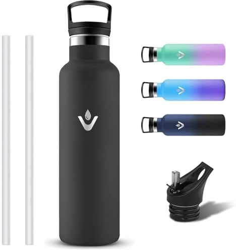 Grsta Botella Agua Acero Inoxidable, Botella Termica 1 litro sin BPA a Prueba de Fugas, Termo con Pajita y Filtro, Reutilizable Cantimplora Termica con 2 Tapones para Bicicleta, Viaje, Exterior, Gym