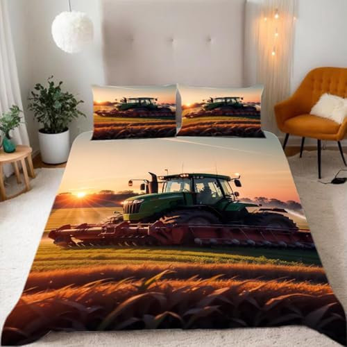 Zbeiba Bettwäsche 135x200 Ackerschlepper Feldarbeit Muster 3D Drucke geeignet für Teenager Kinder Bettwäsche-Set Mikrofaser Bettbezug Mit Reißverschluss Und 2 Kissenbezug (135x200+2 * 80x80,#1