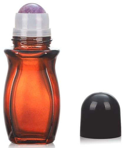 RAMFIYN 50ml Large Amber Glass Roll on Bottles for Essential Oils Perfume Refillable Quartz Roller Ball Applicator Empty Deodorant Containers with Crystal Rollerball, Purple, 1.8 Ounces