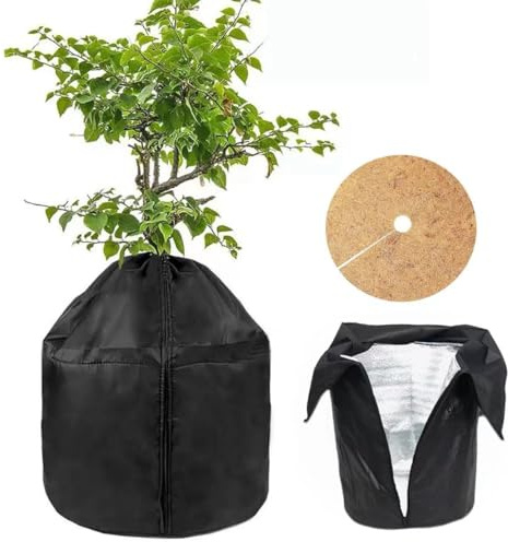 Thermo Topfschutz 50x45cm,Mit Filz Kokosscheibe Ø 43cm,Thermo Topfschutz für Pflanzen, Topfschutz Pflanzen Winter,mit Zugband & Reißverschluss,Pflanzenschutzsack für Palmen Balkonpflanzen (Schwarz)