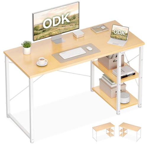 ODK Kleiner Tisch mit Regal, 120×48 cm, Naturbeige | Schreibtisch Klein, Reversibel, Platzsparend, einfache Montage, für Kleine Räume, Schlafzimmer & Arbeitszimmer
