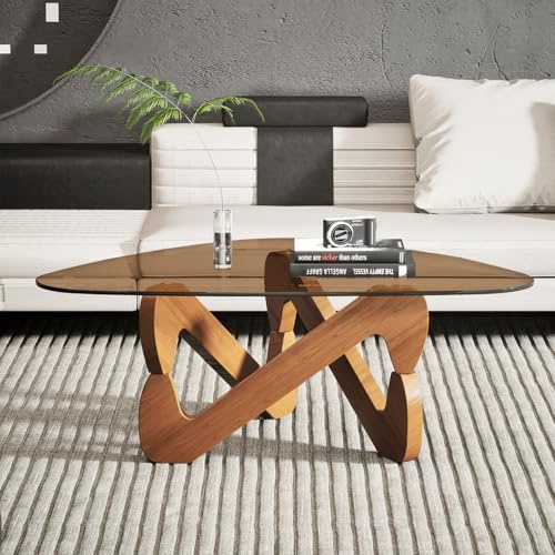 Table basse triangulaire en verre moderne avec base triangulaire en bois massif et verre trempé épais, table d'appoint, table basse originale pour salon, bureau, 82 x 57 x 35 cm (marron)