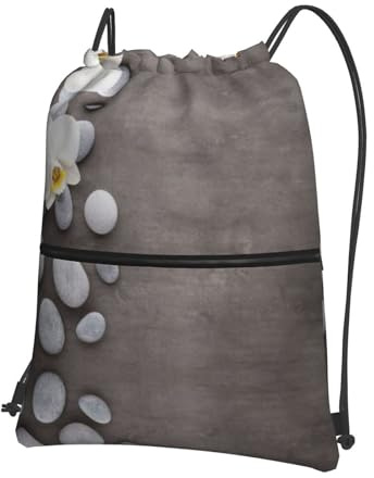 Zcmkjlg Tasche mit Kordelzug, Motiv: weiße Blume mit Steindruck, mit Reißverschlusstasche, faltbarer Tagesrucksack, verstellbar, für Camping, Festival, Ausflüge