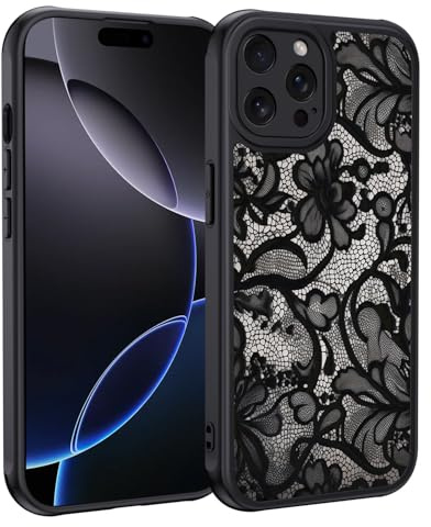 XTCASE für iPhone 16 Pro Max Hülle, Aesthetic Spitze Vintage Muster Frauen Mädchen Case Matt Handyhülle Kratzfeste PC Rückseite + TPU Bumper - Schwarz