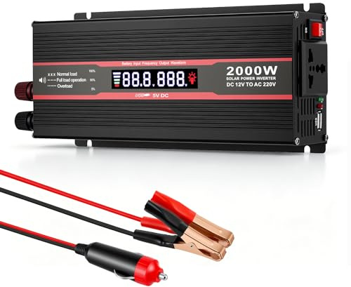 Inversor 12v 220v Onda Pura 2000W, Inversor de corriente & Adaptador de corriente, Transformador 12V a 220V Convertidor Onda con enchufes europeos, USB y pantalla LCD Para auto, camión, caravana