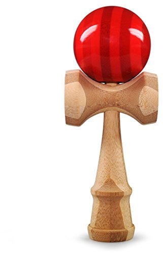 Ganzoo Kendama aus Buchen-Holz, Original Japanisches Traditionelles Holz-Sportgerät mit Kugel, Schnur und Fangteller für Geschicklichkeit/Balancing, Geschenk-Idee (rot Streifen + Holz)