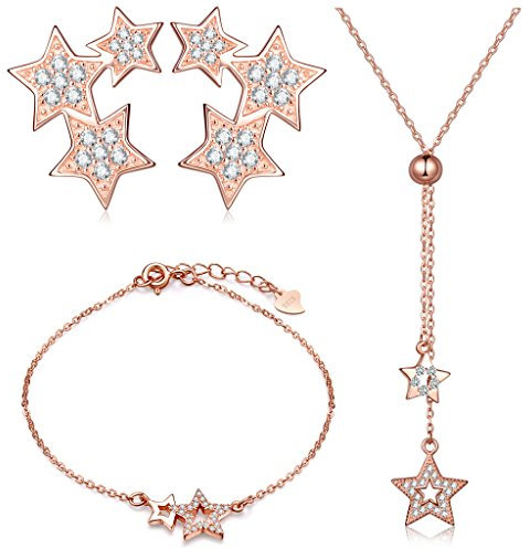 Yumilok Roségold 925 Sterling Silber Zirkonia Sterne Charm Armband Halskette Ohrstecker Schmuck Set Armkette Kette Ohrringe Set für Damen Mädchen
