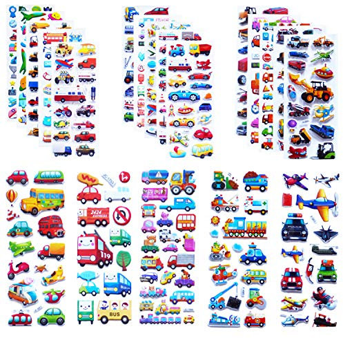 Kinder Autos und LKWs Aufkleber Partyzubehör Pack 500 + 20 verschiedene Bögen, Transportaufkleber für Kleinkinder mit Autos, Feuerwehrwagen, Bau, Busse, Flugzeug, Raumschiff, Rakete mehr