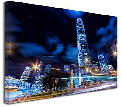 DECLINA Großformatiges Bild, Kunstdruck auf Leinwand, Dekoration für Wohnzimmer, moderne Leinwand, dekoratives Bild, Design Hongkong bei Nacht, 50 x 30 cm