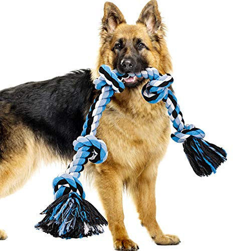 Bmag Dog Rope Toys for Aggressive Chewers, Interactive Heavy Duty Dog Toys for Medium Large Dogs, Tough Twisted Rope Toy with 5 Knots (Blue)