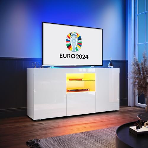 ELEGANT LED TV Cabinet 1350mm White Gloss TV Stand with Ambient Lights for Living Room and Bedroom with Storage Furniture for 4k TV