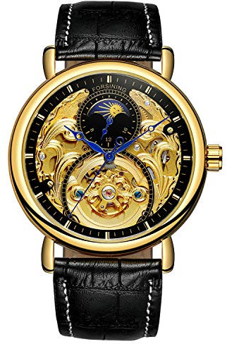 FORSINING Herren Analog Automatik Uhr Vintage AM/PM Sonne Mond Skeleton mit Kalbsleder aus Leder Armband, Goldfarben/Schwarz