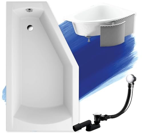 BADLAND Badewanne Original Weiß Acryl Wanne Eckbadewanne SELENA 160x90 Links KOMPLETTSET SET mit Premium Styroporverkleidung + Füßen und Exklusive Chrom Automatik Ablaufgarnitur Made in EU 4in1