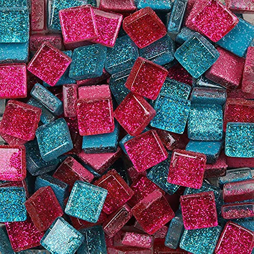 Bunte Glasmosaikfliesen,Bulk-Quadrat Mosaiksteine Glitzerkristall Glasstücke,Glasfliesen Glassteine für Basteln, Haus Deko, 200g, 1 x 1 cm(Himbeere)