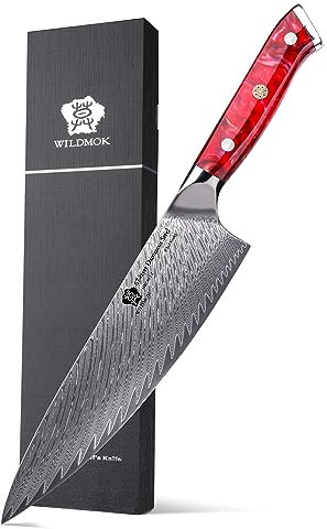 WILDMOK Couteau de chef, couteau de chef japonais Damas de 20 cm, couteau santoku de Damas, manche en acier et résine VG10 japonais, couteaux de cuisine de cuisine japonaise Damas
