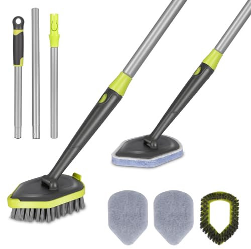 MASTERTOP Bathroom Cleaning Brush, 3 in 1 Shower Tub and Tile Scrubber with Stiff Bristle & Sponge Pads, Long Handled Scrubbing Brush for Bathtub Kitchen Tile Wall Floor Baseboard Toilet