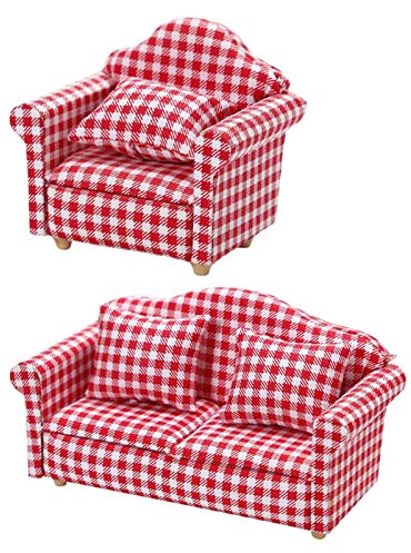 Sharplace 2 Teiliges Puppenhaus Sofa Rot Weiß Kariert 1/12 Möbel Set