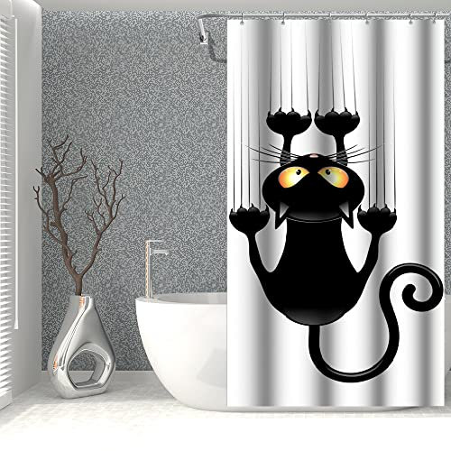 SDOTPMT 90x183cm Noire Chat avec Dièse Pattes Rideau de Douche Mignonne Drôle Chat Minou Rideau de Bain Blanc Arrière Plan Rideau de Baignoire Polyester pour Salle de Bain avec Crochets