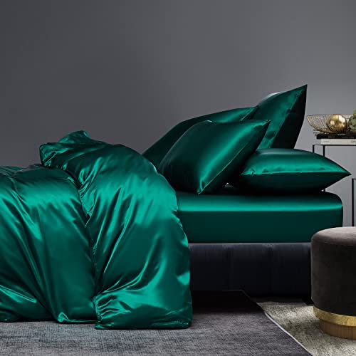 NORCH Dark Green Duvet Cover Set Double Satin Silk Bedding Set Luxury Soft Quilt Cover with Pillowcases