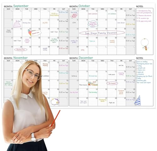 Large Dry Erase Calendar - 4 Months Undated Wall Calendar Dry Erase, 52 x 36”, Large Calendar for Wall with Stickers, Monthly Planner Whiteboard for Home, Office, Classroom