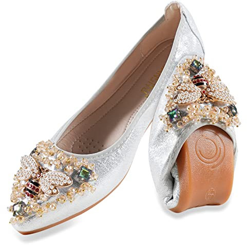 MACHSWON Womens Fold up Pumps Roll up Shoes Foldable Ballet Flats with Sparkly Rhinestone, Portable Ladies Slip On Loafers(Silver-4, Size 6)