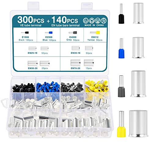 HSEAMALL Wire Ferrule Crimp Connectors Kit,300PCS Copper Ferrule Terminals Insulated Pin Cord End Connectors 10-16AWG +140PCS Crimp Fitting Non-Insulated Wire Ferrules 2,4,2/0,1/0 AWG