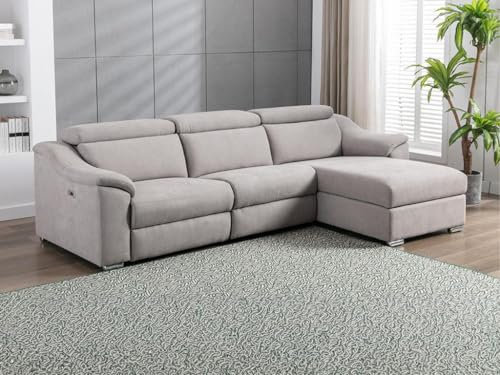 Vente-unique - Ecksofa, elektrisch, aus hellgrauem Stoff, PEDRERA, rechter Winkel
