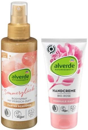 alverde Naturkosmetik 2er-Set Hautpflege: Bodyspray SOMMERGLÜCK SCHIMMERSPRAY goldener Schimmer mit Pfirsich-Duft (150 ml) + Handfluid SOMMERPFLEGE Handpflege mit Bio-Flieder, Hyaluron (75 ml), 225 ml