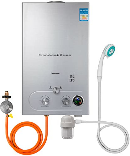 LMYYDES Scaldabagno a Gas propano 18L Scaldabagno a Gas propano 36KW Scaldabagno Senza Serbatoio Scaldabagno a GPL con Kit soffione Doccia Portatile per la Pulizia Esterna, Campeggio Camper