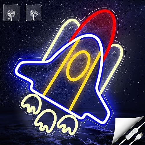 Arrinew Neon Signs Rocket, (16 x 12 inch) Big Space Ship LED Light Room Decor, Airplane Shape Lamp Universe Theme Decoration, Cool Party Wall Decoration for Teen Boys&Girls Bedroom & Gaming Room