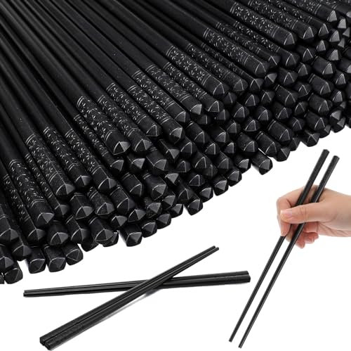 Dandat 100 pares de palillos de fibra de vidrio reutilizables de 9.5 pulgadas, aptos para lavavajillas, antideslizantes, estilo chino, japonés, palillos de cocina de cerezo negro, palillos para