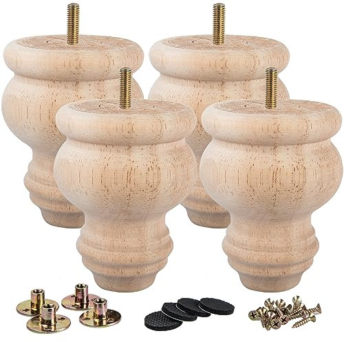 LA VANE 8cm Unlackiert Holz Möbelfüße, 4 Stück Massivholz Unfinished Spindel DIY Ersatz Möbelbeine mit M8 Montageplatten & Schrauben für Sofa Schrank Couch Ottomane Kabinett