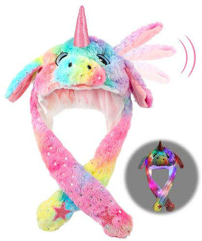 Einhorn Horn mütze mit licht,Plüsch Einhorn Hut mit Beweglichen Ohren Lustige Kopfbedeckung Mütze mit LED Licht für Knder Erwachsene Weihnachtsfeier Fasching Karneval Cosplay