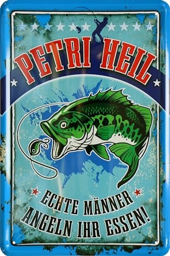 WOGEKA ART Retro Blechschild - Petri Heil - Echte Männer Angeln Ihr Essen - lustiger Spruch als Geschenk-Idee für Angler zur Deko, 20 x 30 cm, aus Metall im Vintage Design 55
