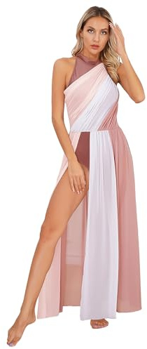 Alvivi Vestido de Ballet Lírico para Mujer Maillot con Falda Tul Flotando Largo Vestido de Gimnasia Rítmica Disfraz de Bailarina S-XXL C Rosa empolvado S