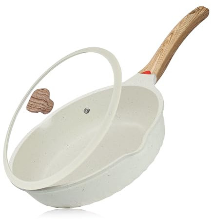 Vinchef Nonstick Deep Frying Pan with Lid, 10/3Qt Fry Pan, German 3C+ Ceramic Coating Technology, Heat Indicator, Induction Compatible, White Color,. Cookware for Home