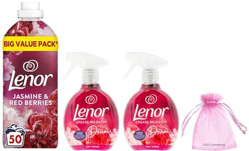 Lenor Fabric Conditioner 50w, 1.65L, Jasmine & Red Berries Scent + Lenor Crease Releaser Spray, Removes Creases in Fabric, 2Pk x 500ml, Ruby Jasmine Bundle Scent + Our Gift for You: Organza Small Bag