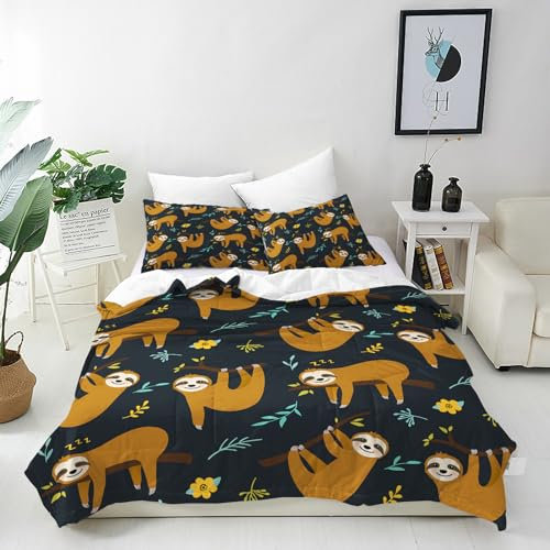 ANHOPE Nette Cartoon Tier Faultier Bettwäsche Set 3 Teilig Bettbezug 155x220 cm + 2 Kissenbezug 80x80 cm Weich Microfaser Bettbezüge mit Reißverschluss Bettdeckenbezug Set für Kinder Jungen Mädchen