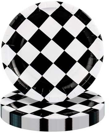 Ysqool 24 Pcs Race Car Party Plates, Black and White Checkered Flag Paper Plates, 7 Racing Car Theme Disposable Dessert Plates for Boys Men Birthday Baby Shower Race Fans Party Decorations Supplies