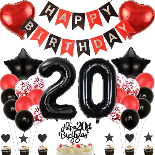 Anlgdi Deko 20. Geburtstag Frau: Rot-Schwarz Geburtstagsdeko mit Ballons, Tortendeko & Konfetti für eleganten & luxuriösen 20. Geburtstag für Frauen & Männer
